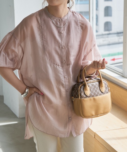 DISCOAT（ディスコート）の「シアーバンドカラーシャツ（シャツ/ブラウス・レディース・ホワイト系その他/サックスブルー/ピンクベージュ・FREE）」の7枚目の写真