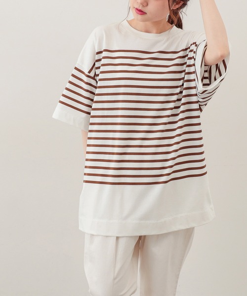 PUAL CE CIN（ピュアルセシン）の「シルケットボーダーチュニック（Tシャツ/カットソー・レディース・ブラック/ブラウン/グリーン/ブルー・FREE）」の3枚目の写真