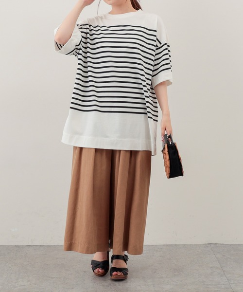 PUAL CE CIN（ピュアルセシン）の「シルケットボーダーチュニック（Tシャツ/カットソー・レディース・ブラック/ブラウン/グリーン/ブルー・FREE）」の2枚目の写真