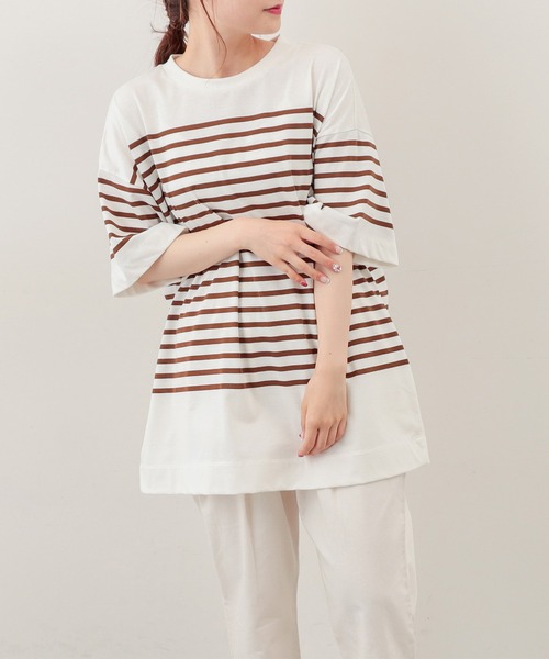 PUAL CE CIN（ピュアルセシン）の「シルケットボーダーチュニック（Tシャツ/カットソー・レディース・ブラック/ブラウン/グリーン/ブルー・FREE）」の5枚目の写真