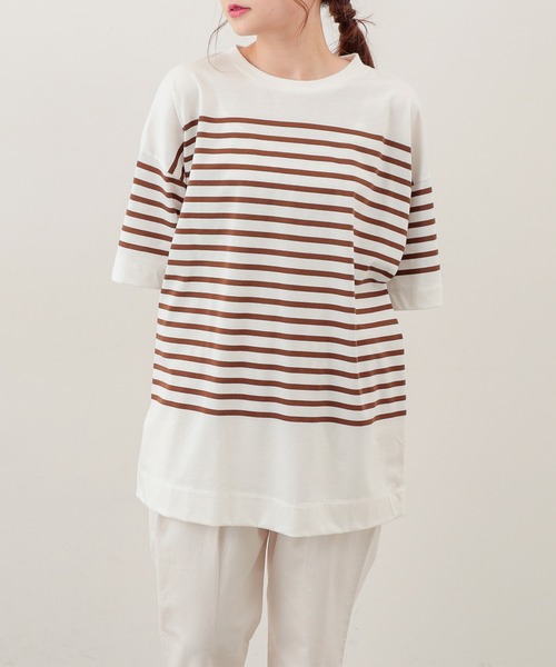 PUAL CE CIN（ピュアルセシン）の「シルケットボーダーチュニック（Tシャツ/カットソー・レディース・ブラック/ブラウン/グリーン/ブルー・FREE）」の6枚目の写真