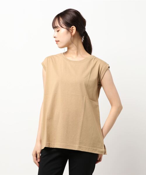 Samansa Mos2（サマンサ モスモス）の「【USAコットン】OE天竺ノースリーブカットソー（Tシャツ/カットソー・レディース・ダークブラウン/ベージュ/パープル/ブラウン/キナリ・ﾌﾘ-）」の4枚目の写真