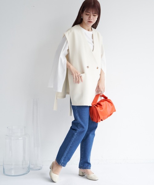 VANNIE U(ヴァニーユー)の「フラットリボンベスト/セットアップ着用可能商品/ウエストリボンアレンジでマルチWAYに(ベスト・レディース・ライトブルー/アイボリー/ブラック/ベージュ/ピンク・FREE)」の16枚目の写真