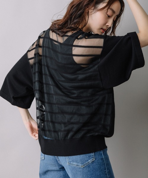 Munich（ミューニック）の「コットンジャージー×バックシアーボーダートップス（ニット/セーター・レディース・ホワイト/ブラック/オレンジ・FREE）」の3枚目の写真