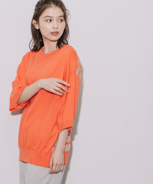 Munich（ミューニック）の「コットンジャージー×バックシアーボーダートップス（ニット/セーター・レディース・ホワイト/ブラック/オレンジ・FREE）」の10枚目の写真