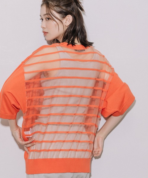 Munich（ミューニック）の「コットンジャージー×バックシアーボーダートップス（ニット/セーター・レディース・ホワイト/ブラック/オレンジ・FREE）」の12枚目の写真