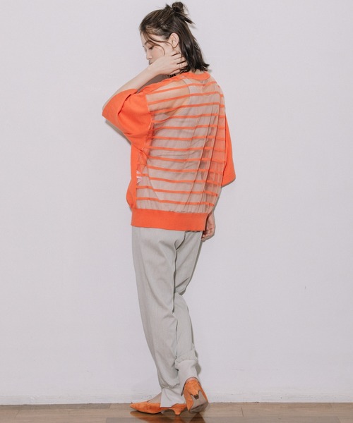 Munich（ミューニック）の「コットンジャージー×バックシアーボーダートップス（ニット/セーター・レディース・ホワイト/ブラック/オレンジ・FREE）」の6枚目の写真