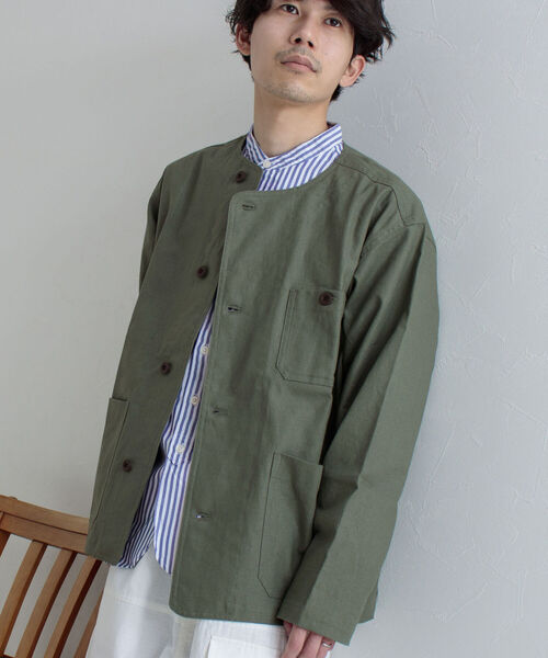 GLOSTER（グロスター）の「【GLOSTER/グロスター】綿麻キャンバスノーカラージャケット（ブルゾン・メンズ・キナリ/ブラック/オリーブ・MEDIUM/LARGE）」の3枚目の写真