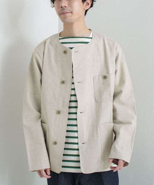 GLOSTER（グロスター）の「【GLOSTER/グロスター】綿麻キャンバスノーカラージャケット（ブルゾン・メンズ・キナリ/ブラック/オリーブ・MEDIUM/LARGE）」の5枚目の写真