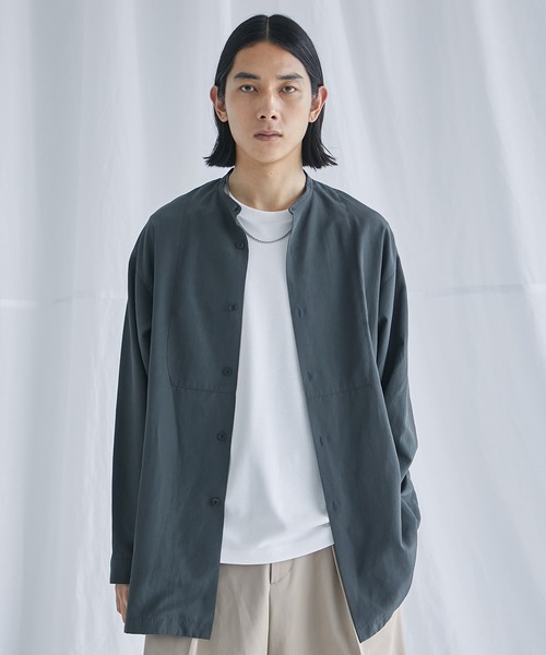 PUBLIC TOKYO(パブリックトウキョウ)の「ポリリネンバンドロングシャツ(シャツ/ブラウス・メンズ・ネイビー/ブルー/ダークグレー・2/1)」の2枚目の写真