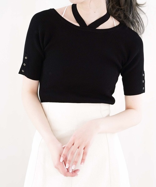 archives(アルシーヴ)の「リボン付きオフショルニット(ニット/セーター・レディース・ブラック/オレンジ/グリーン/アイボリー・MEDIUM)」の5枚目の写真