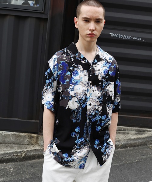 柄シャツ 総柄 花柄 半袖 ルーズ カジュアル バイカラー b3784 柄シャツ 総柄 花柄 半袖 ルーズ カジュアル バイカラー b3784