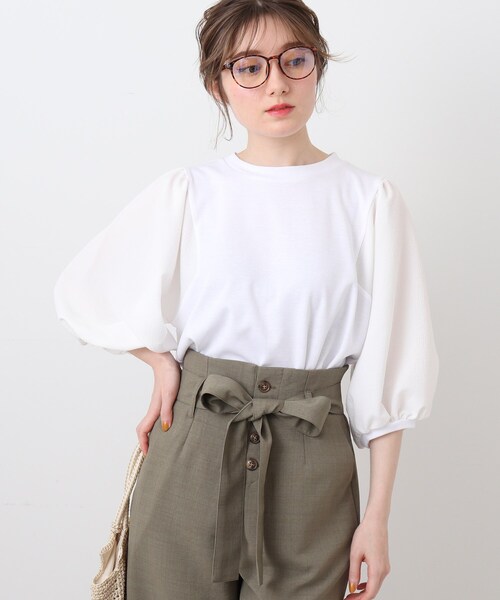 DRESKIP(ドレスキップ)の「◆【ぽわん袖/お洒落見え】袖シボシボ異素材七分袖トップス(Tシャツ/カットソー・レディース・オフホワイト/グリーン/ブラック/黄緑系・03/02/04)」の12枚目の写真