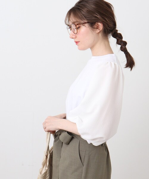 DRESKIP(ドレスキップ)の「◆【ぽわん袖/お洒落見え】袖シボシボ異素材七分袖トップス(Tシャツ/カットソー・レディース・オフホワイト/グリーン/ブラック/黄緑系・03/02/04)」の13枚目の写真