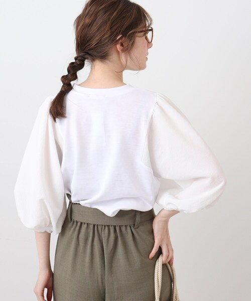 DRESKIP(ドレスキップ)の「◆【ぽわん袖/お洒落見え】袖シボシボ異素材七分袖トップス(Tシャツ/カットソー・レディース・オフホワイト/グリーン/ブラック/黄緑系・03/02/04)」の14枚目の写真