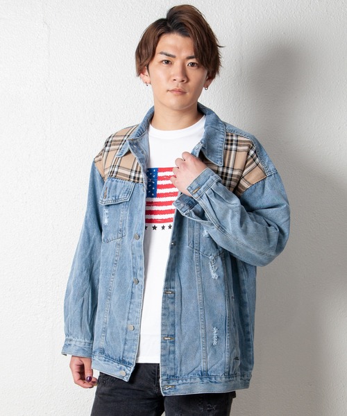 GGD SELECT（ジージーディー　セレクト）の「チェック柄切り替えデニムジャケット（デニムジャケット・レディース・ライトブルー・FREE）」の8枚目の写真