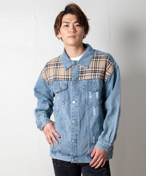 GGD SELECT（ジージーディー　セレクト）の「チェック柄切り替えデニムジャケット（デニムジャケット・レディース・ライトブルー・FREE）」の2枚目の写真