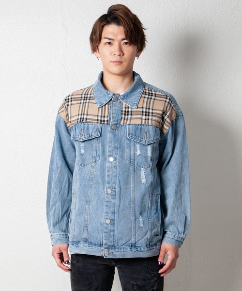 GGD SELECT（ジージーディー　セレクト）の「チェック柄切り替えデニムジャケット（デニムジャケット・レディース・ライトブルー・FREE）」の9枚目の写真