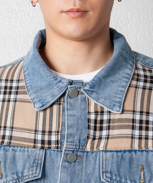 GGD SELECT（ジージーディー　セレクト）の「チェック柄切り替えデニムジャケット（デニムジャケット・レディース・ライトブルー・FREE）」の17枚目の写真