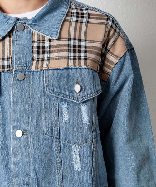 GGD SELECT（ジージーディー　セレクト）の「チェック柄切り替えデニムジャケット（デニムジャケット・レディース・ライトブルー・FREE）」の20枚目の写真