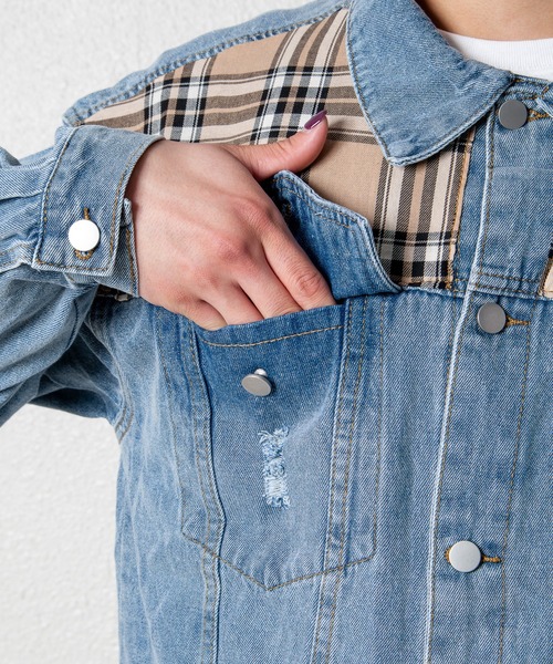 GGD SELECT（ジージーディー　セレクト）の「チェック柄切り替えデニムジャケット（デニムジャケット・レディース・ライトブルー・FREE）」の12枚目の写真