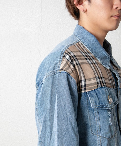 GGD SELECT（ジージーディー　セレクト）の「チェック柄切り替えデニムジャケット（デニムジャケット・レディース・ライトブルー・FREE）」の6枚目の写真