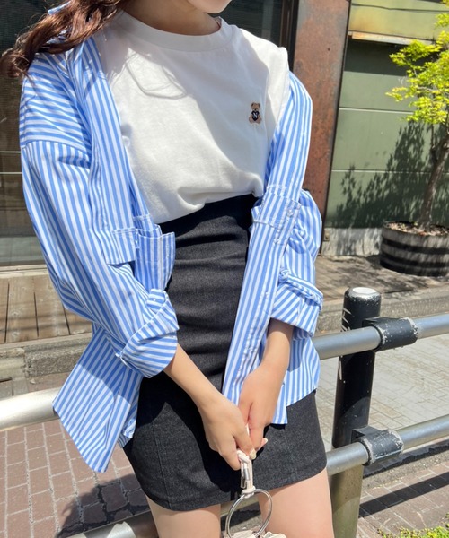 one after another NICE CLAUP（ワンアフターアナザーナイスクラップ）の「くま刺繍Tシャツ（Tシャツ/カットソー・レディース・ホワイト/ネイビー/サックスブルー/ピンク・FREE）」の5枚目の写真