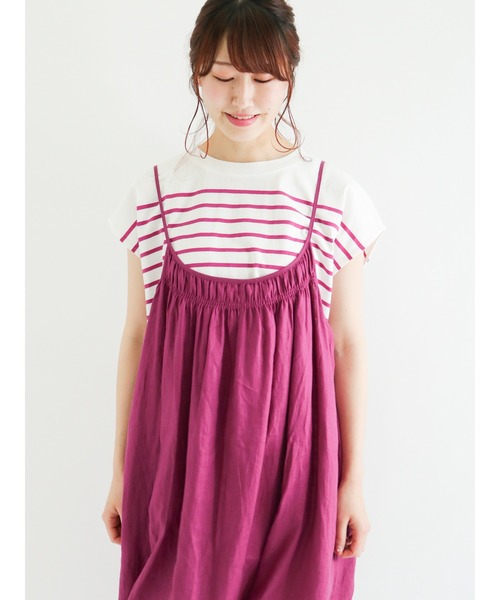 Samansa Mos2(サマンサ モスモス)の「フレンチスリーブパネルボーダーTシャツ(ニット/セーター・レディース・ブルー/パープル/ベージュ/ブラック・フリ-)」の4枚目の写真