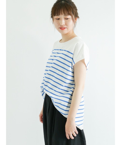 Samansa Mos2(サマンサ モスモス)の「フレンチスリーブパネルボーダーTシャツ(ニット/セーター・レディース・ブルー/パープル/ベージュ/ブラック・フリ-)」の6枚目の写真