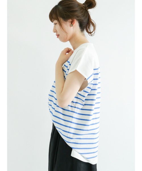 Samansa Mos2(サマンサ モスモス)の「フレンチスリーブパネルボーダーTシャツ(ニット/セーター・レディース・ブルー/パープル/ベージュ/ブラック・フリ-)」の8枚目の写真