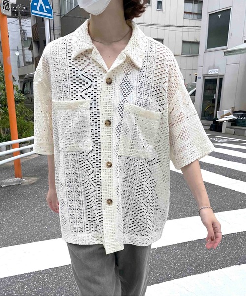 NO NEED(ノーニード)の「シアーレースコットンルーズシャツ シースルー/幾何学/オープンカラー/メッシュ(シャツ/ブラウス・メンズ・ブラック/オフホワイト・フリ-)」の21枚目の写真