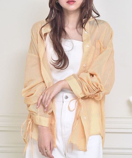 ems excite（エムズエキサイト）の「袖ドロストストライプSH（シャツ/ブラウス・レディース・グリーン系その他/イエロー系その他/ピンク系その他・FREE）」の2枚目の写真