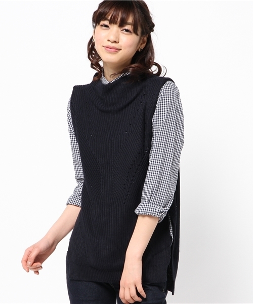 DISCOAT（ディスコート）の「【Discoat】アイレット入りロングベスト（ニット/セーター・レディース・ライトグレー/ネイビー/アイボリー・ﾌﾘ-）」の3枚目の写真