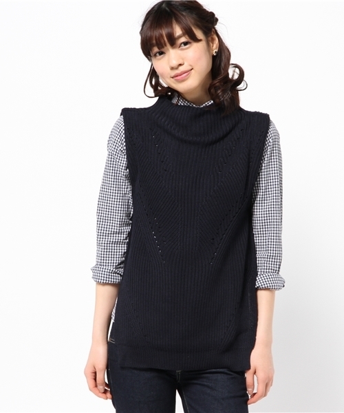 DISCOAT（ディスコート）の「【Discoat】アイレット入りロングベスト（ニット/セーター・レディース・ライトグレー/ネイビー/アイボリー・ﾌﾘ-）」の4枚目の写真