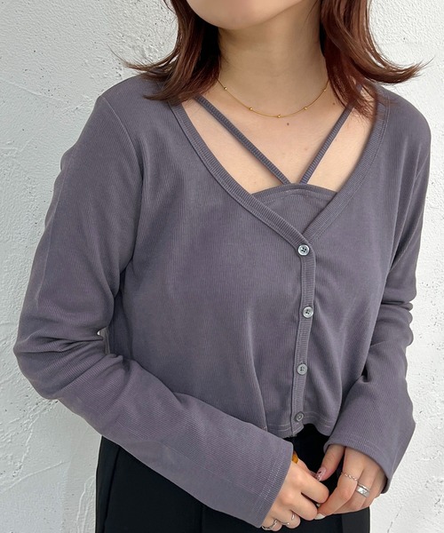 apres jour mignon(アプレジュールミニョン)の「ロングスリーブカーデ+キャミセット【ZOZOTOWN限定アイテム】(カーディガン/ボレロ・レディース・パープル/アイボリー/ブラック/マスタード・X-LARGE/フリー)」の4枚目の写真