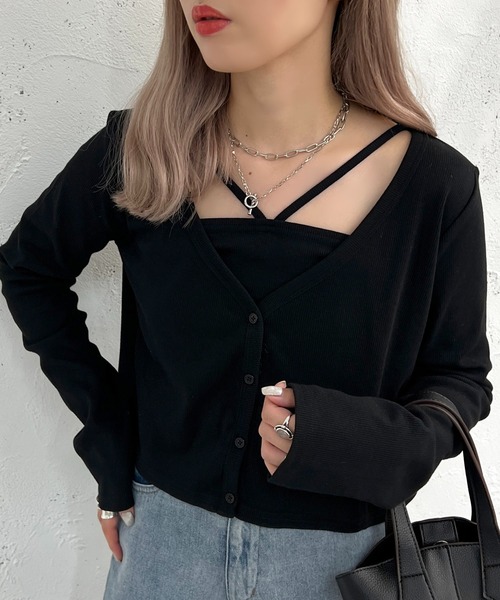 apres jour mignon(アプレジュールミニョン)の「ロングスリーブカーデ+キャミセット【ZOZOTOWN限定アイテム】(カーディガン/ボレロ・レディース・パープル/アイボリー/ブラック/マスタード・X-LARGE/フリー)」の3枚目の写真