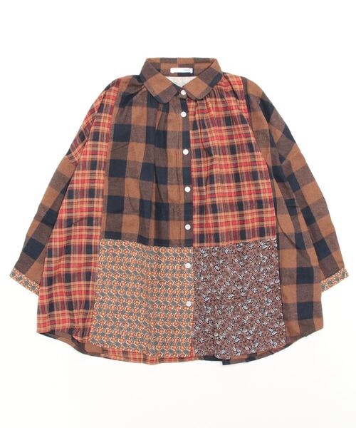 sandy(サンディー)の「【sandy】起毛パッチワーク七分袖ブラウス(シャツ/ブラウス・レディース・グリーン/ブラウン/ブルー・FREE)」の1枚目の写真