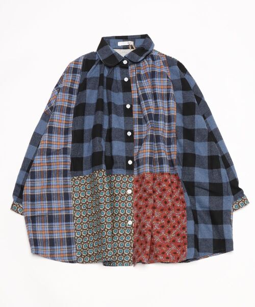 sandy(サンディー)の「【sandy】起毛パッチワーク七分袖ブラウス(シャツ/ブラウス・レディース・グリーン/ブラウン/ブルー・FREE)」の3枚目の写真