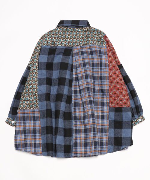 sandy(サンディー)の「【sandy】起毛パッチワーク七分袖ブラウス(シャツ/ブラウス・レディース・グリーン/ブラウン/ブルー・FREE)」の4枚目の写真