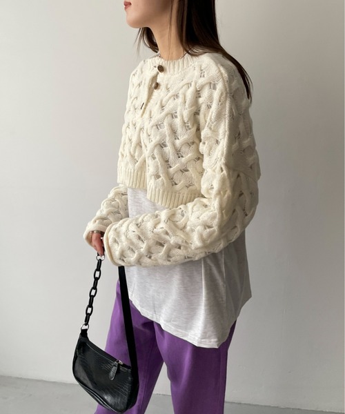 EPIMI E'PIMMY（エピミエピミー）の「２Wayケーブルメッシュクロップドプルオーバー（ニット/セーター・レディース・グリーン系その他/ブラック/オフホワイト・MEDIUM）」の8枚目の写真