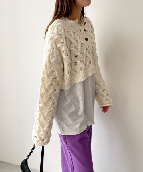 EPIMI E'PIMMY（エピミエピミー）の「２Wayケーブルメッシュクロップドプルオーバー（ニット/セーター・レディース・グリーン系その他/ブラック/オフホワイト・MEDIUM）」の10枚目の写真