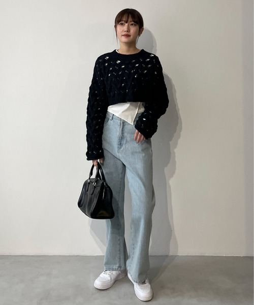 EPIMI E'PIMMY（エピミエピミー）の「２Wayケーブルメッシュクロップドプルオーバー（ニット/セーター・レディース・グリーン系その他/ブラック/オフホワイト・MEDIUM）」の9枚目の写真