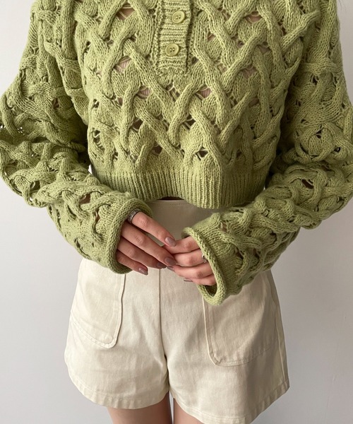 EPIMI E'PIMMY（エピミエピミー）の「２Wayケーブルメッシュクロップドプルオーバー（ニット/セーター・レディース・グリーン系その他/ブラック/オフホワイト・MEDIUM）」の16枚目の写真