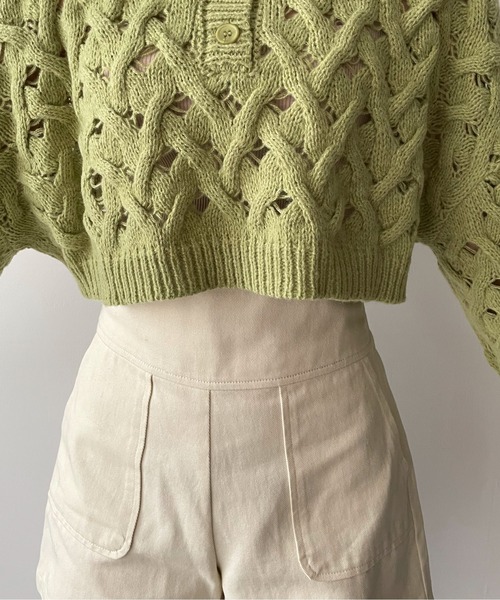 EPIMI E'PIMMY（エピミエピミー）の「２Wayケーブルメッシュクロップドプルオーバー（ニット/セーター・レディース・グリーン系その他/ブラック/オフホワイト・MEDIUM）」の14枚目の写真