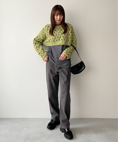 EPIMI E'PIMMY（エピミエピミー）の「２Wayケーブルメッシュクロップドプルオーバー（ニット/セーター・レディース・グリーン系その他/ブラック/オフホワイト・MEDIUM）」の18枚目の写真