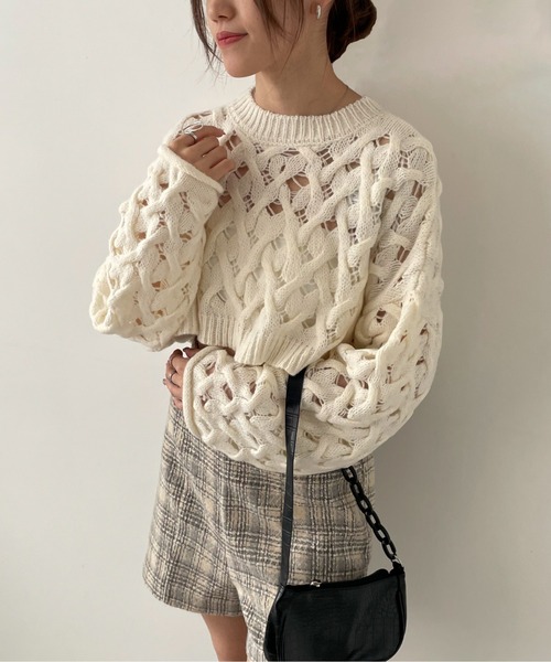 EPIMI E'PIMMY（エピミエピミー）の「２Wayケーブルメッシュクロップドプルオーバー（ニット/セーター・レディース・グリーン系その他/ブラック/オフホワイト・MEDIUM）」の21枚目の写真