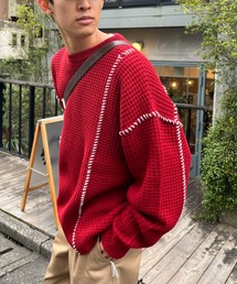 ハンドステッチワッフルニットプルオーバー