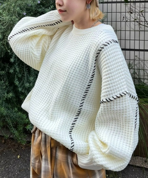 セール】ハンドステッチワッフルニットプルオーバー（ニット
