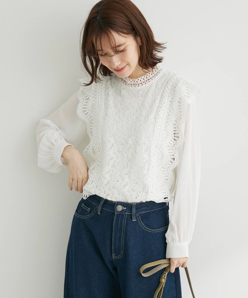 Petit fleur（プチフルール）の「・Petit　Fleur　イロイロレースキリカエブラウス（シャツ/ブラウス・レディース・ブラック/ライトグリーン/グレイッシュベージュ/オフホワイト・FREE）」の2枚目の写真