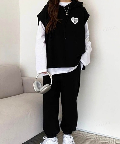 Dalfwin（ダールフィン）の「韓国ファッションGOODLUCKレイヤード3点上下セットアップルームウェアパーカー フーディー（ルームウェア/パジャマ・レディース・グレー/ブラック・FREE）」の9枚目の写真
